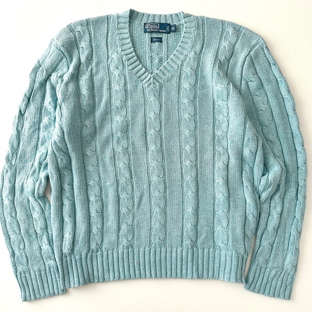 Polo by Ralph Lauren Men's Cable Knit V-Neck Sweater in Light Aqua